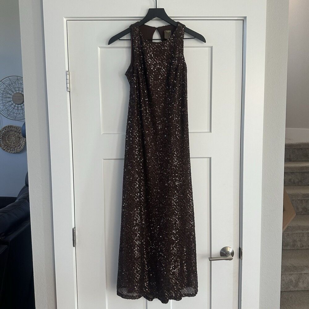 Taylor Halter Brown Sequin Midi Dress Sz6 Autumn Glam Formal Prom Brat 90s Y2K